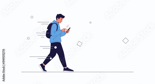 Man walking fast while looking at phone, motion blur, modern flat illustration