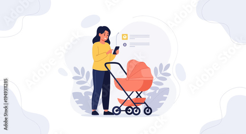 Mother using smartphone with baby stroller, modern parenting technology concept