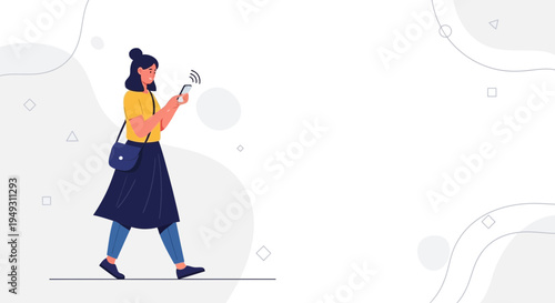Woman walking and using smartphone with wifi signal, flat illustration, modern lifestyle