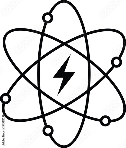Black atom symbol with lightning bolt inside on white background atomic science energy power