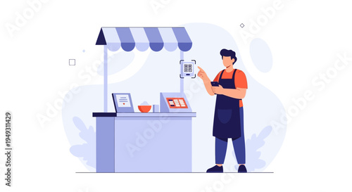 Man scanning QR code at market stall for contactless payment, technology concept