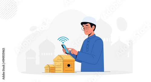 Muslim man using smartphone with wifi signal near mosque and house