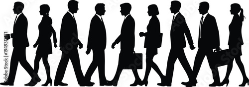 Black silhouette icons of business people walking in line professionals carrying briefcases office workers team commute vector illustration set 