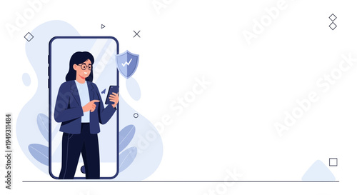 Secure mobile banking concept: woman using smartphone with shield icon, digital security