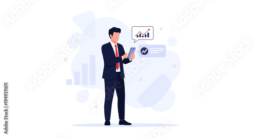 Businessman analyzing financial growth on smartphone with charts and graphs