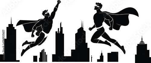 Black silhouette icons of two superheroes flying and running over city skyline with capes and muscular poses comic book vector set 