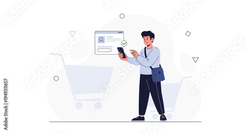Man Using Smartphone for Online Shopping with Shopping Carts and Profile Page