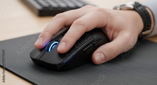 Close-up of a hand using a computer mouse with blue LED lights, demonstrating technology and productivity