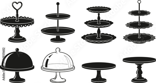 Vector collection of cake stand silhouettes featuring tiered serving trays, dessert platters, and glass domes isolated on white background for bakery cafe designs