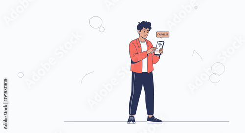 Young man using smartphone, notification bubble with 'wait' text, modern illustration