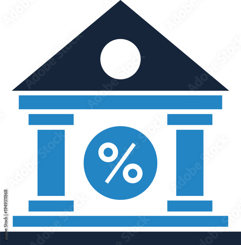 Blue bank building with percentage symbol inside circle