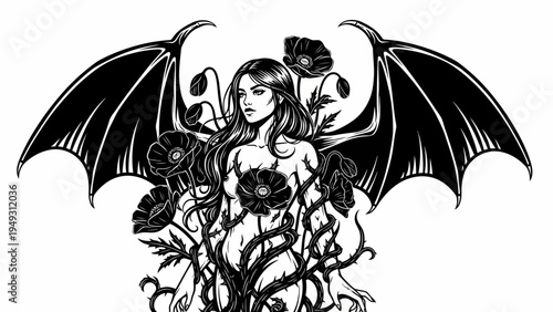Dark Angelic Woman with Bat Wings and Poppies, Gothic Fantasy Art