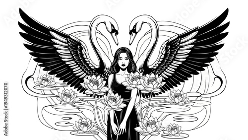 Elegant Woman with Swan Wings and Lotus Flowers, Mystical Fantasy Art