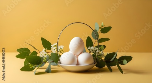 Easter eggs in a basket with fresh greenery on a yellow background