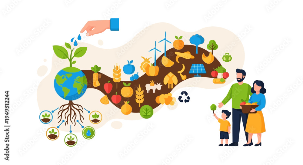 Naklejka premium Global Sustainability: Family, Food Security, and Renewable Energy for a Healthy Planet
