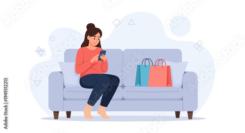 Woman Relaxing on Sofa with Shopping Bags and Smartphone, Online Shopping Concept