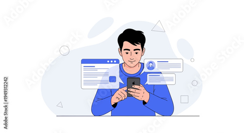 Man using smartphone with digital notifications and website interface, modern technology concept
