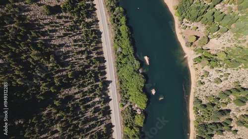 Aerial 4K view of Valle Encantado and Limay River near Bariloche and Neuquen. Cinematic drone footage of the winding river and unique rock formations in Patagonia, Argentina.