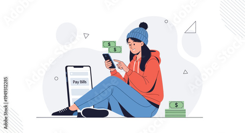 Woman Paying Bills Online Using Mobile Phone and Money