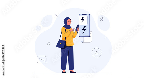 Muslim Woman Using Smartphone Near Charging Station with Lightning Bolt Icons