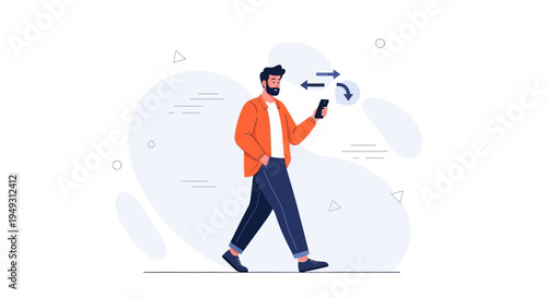 Man walking and using smartphone with arrows indicating data transfer or communication