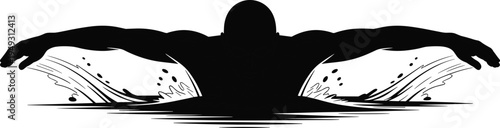 Black silhouette icon of swimmer performing breaststroke powerful arm pull water splash athletic swimming technique vector illustration 