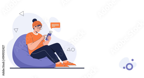 Young person in beanie texting on smartphone while relaxing on beanbag chair
