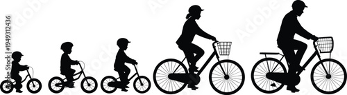 Black silhouette icons progression of child learning to ride bike from balance bike to full bicycle with helmet vector illustration set 
