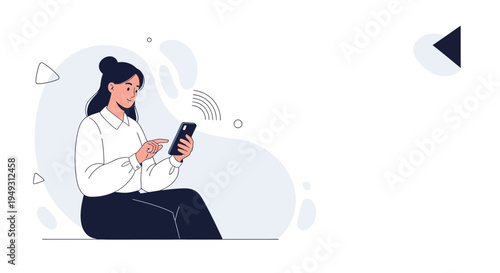 Woman Using Smartphone with Wireless Signal, Minimalist Illustration