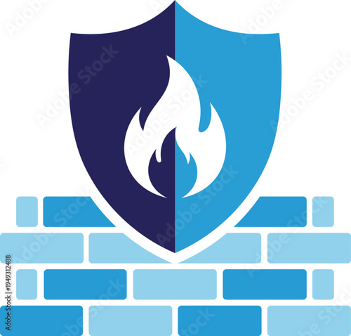 Blue shield with white flame over a brick wall fire protection security