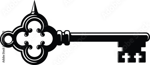 Ornate vintage skeleton key icon isolated on white, antique metal door opener symbol, secret solution concept, cad drawing flat vector illustration, digital graphic.