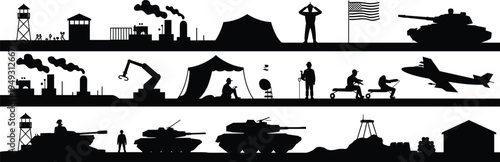 Black silhouette icons military base camp watchtower tanks aircraft tent soldier factory smoke flag army scene vector illustration set