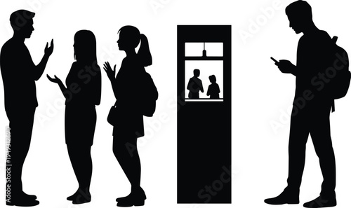 Black silhouette icons of people talking in group conversation at ticket counter booth using smartphone communication vector illustration se