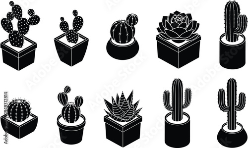 Cactus and succulent plant silhouettes vector set, potted desert plants collection, minimalist botanical icons for home decor and garden design
