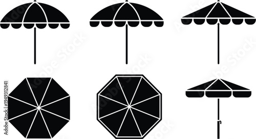 Set of beach and patio umbrella vector silhouettes featuring front view side view and top-down perspectives for summer leisure and outdoor cafe design.