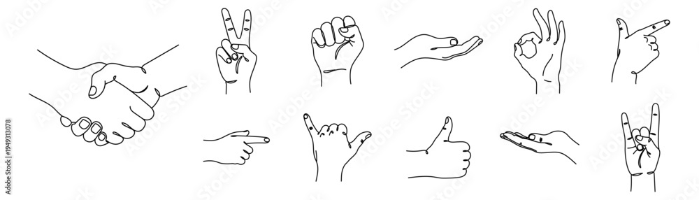 Obraz premium Hands gestures collection, continuous one line drawing mega set Editable stroke