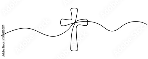 Continuous line drawing of Christian cross. Religious cross one line icon. One line drawing background. Vector illustration. Cross black icon . Editable stroke