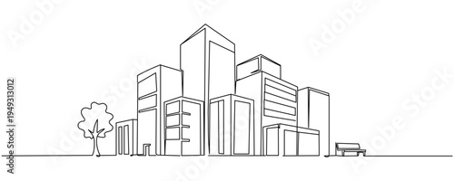 A single continuous line drawing depicting a modest, minimalist city silhouette. Concept of isolated minimalism in real estate. Dynamic single-line graphic design, vector illustration on a white backg
