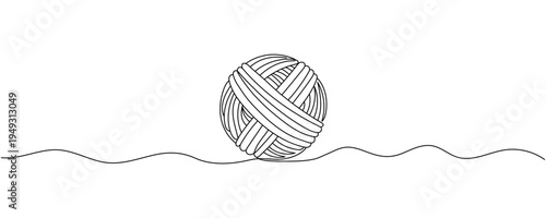 Ball of yarn continuous line sign. Round skein of knitting thread isolated on white background. Merino for knit needles, cotton for crochet. Crafting hobby. Vector sketch symbol for handmade design Ed
