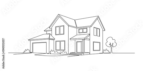 Modern house in line art drawing style. Contemporary building architectural model black linear design isolated on white background. Vector illustration Editable stroke