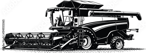 Combine harvester agricultural machine vector illustration, modern farming equipment harvesting grain crops in field, detailed farm machinery design