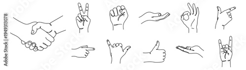 Hands gestures collection, continuous one line drawing mega set Editable stroke