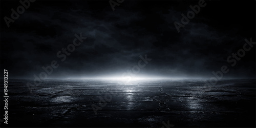 A mysterious dark landscape featuring a glowing horizon line under a dramatic stormy night sky