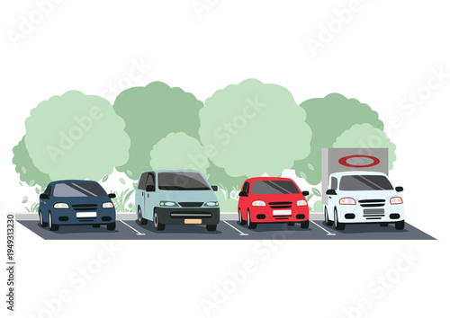 Various cars parked in a parking lot. Parking near a house or store. Car rental and sales. Hand-drawn vector illustration.