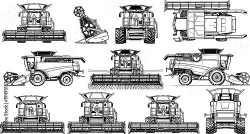 Combine harvester agriculture machinery set, multiple views of farming harvest equipment with header cutter, detailed farm machine vector illustration collection isolated