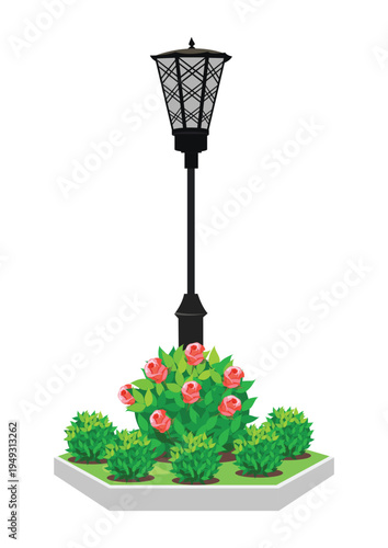 A vintage street lamp on a long pole stands in a flowerbed with a rose bush. An element of the urban landscape. Hand-drawn vector illustration on a white background.