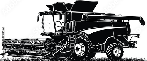 Combine harvester agriculture machine silhouette, modern farming equipment harvesting wheat field, black farm machinery vector illustration isolated agricultural harvest vehicle