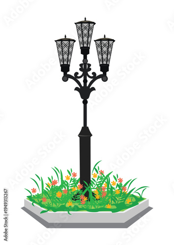 A vintage street lamp on a long pole stands in a flowerbed. An element of the urban landscape. Hand-drawn vector illustration on a white background.