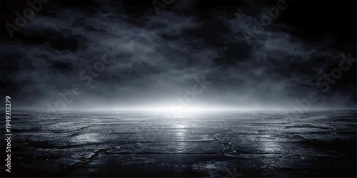 A mysterious dark landscape featuring a glowing horizon line under a dramatic stormy night sky
