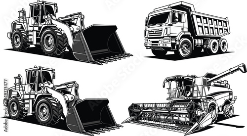 Construction and agricultural machinery vector set, wheel loader dump truck and combine harvester equipment, heavy industry vehicles illustration